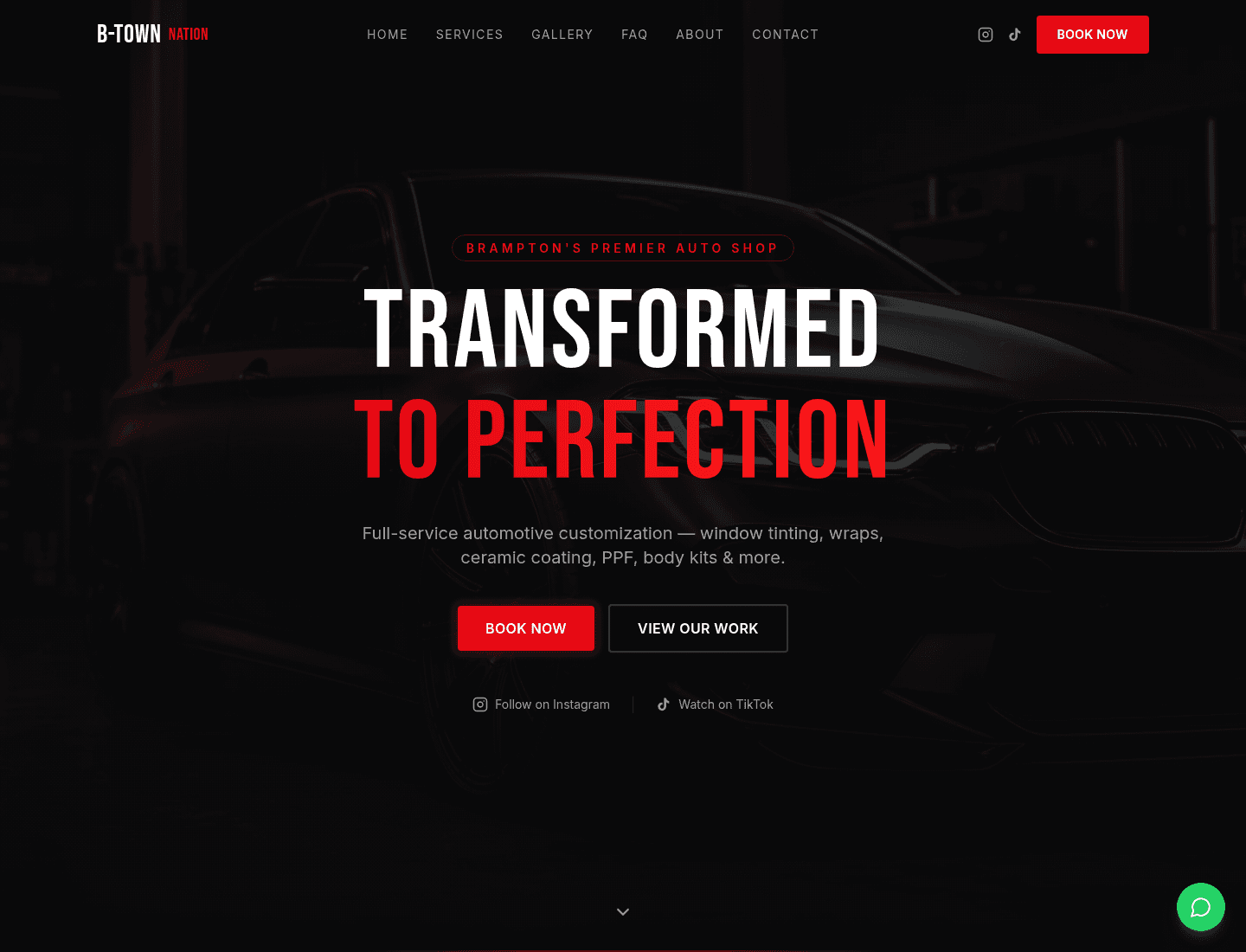 Sample auto shop homepage — Book Now and View Our Work on a dark vehicle hero