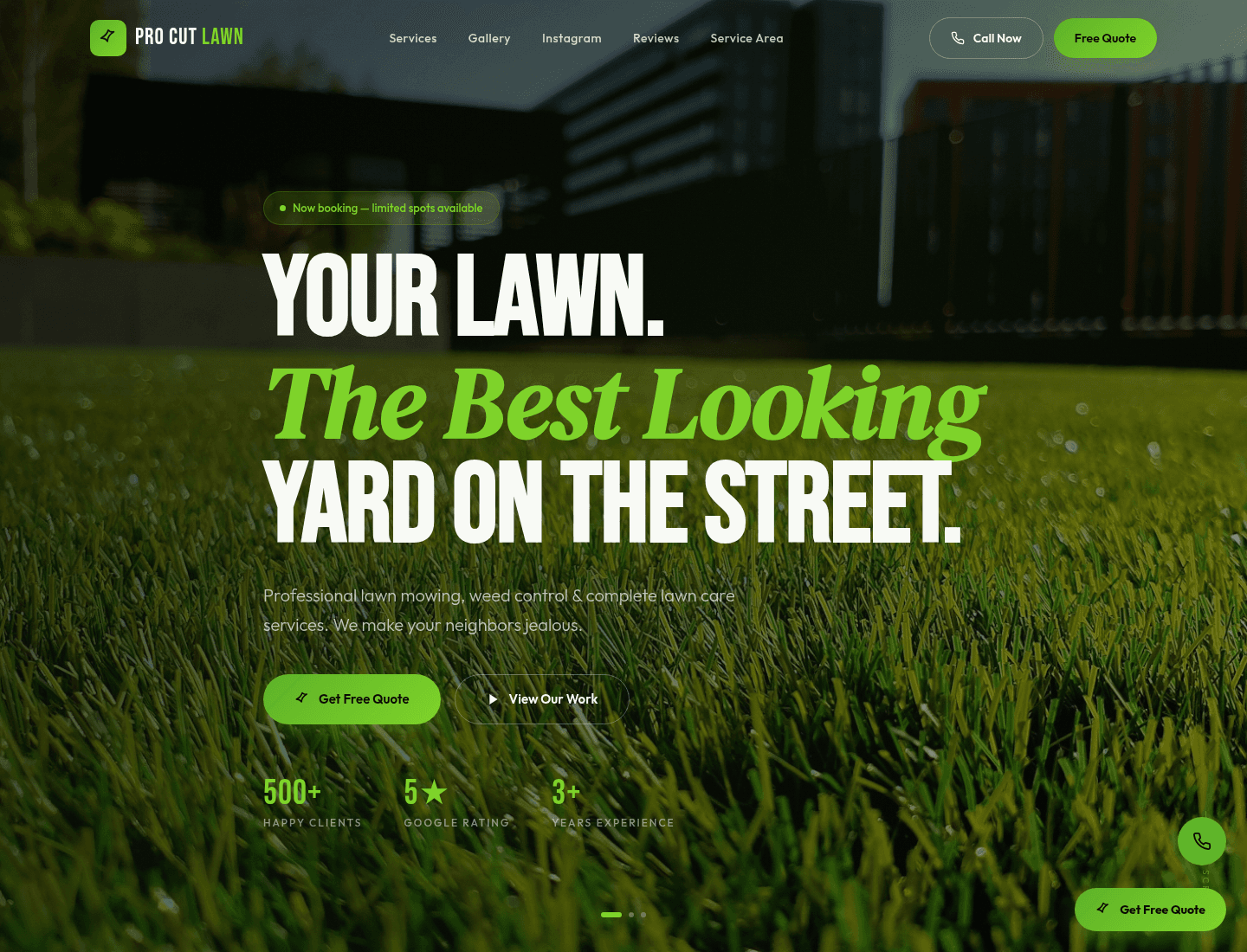 Sample lawn moving and gardening homepage — hero with Get Free Quote and View Our Work