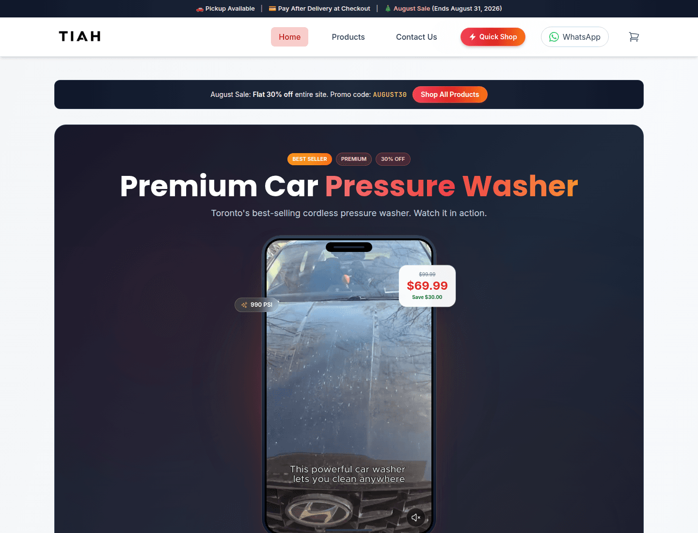 TIAH Auto Accessories homepage — dark hero with the cordless pressure washer video in a phone mockup
